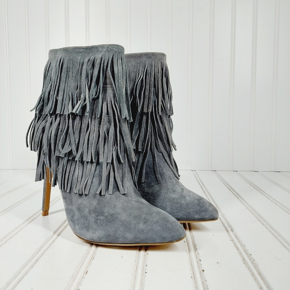 Steve Madden Flapper Gray Fringe Suede High Heeled Ankle Boots A999 - Picture 4 of 11